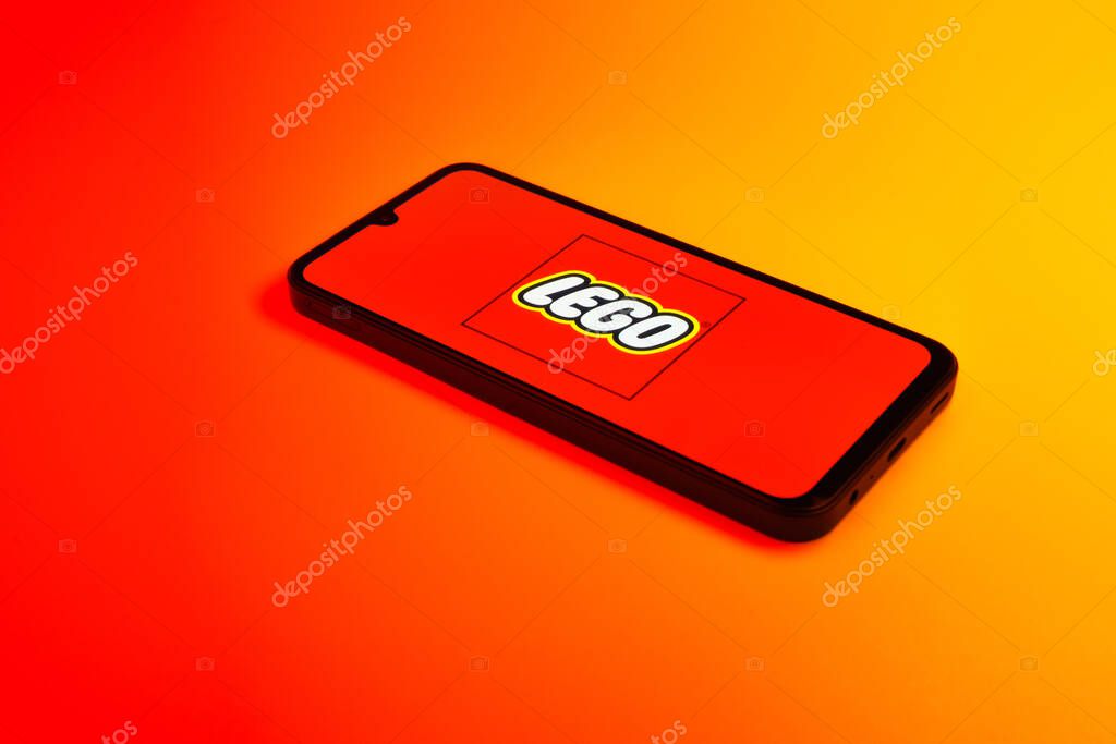 Prague, Czechia - 02 21 2025: Laptop on surface showing Lego logo.
