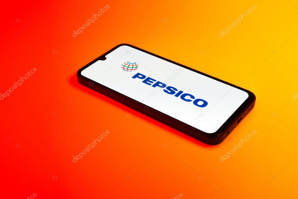 Prague, Czechia - 02 21 2025: Laptop on surface showing Pepsico logo.