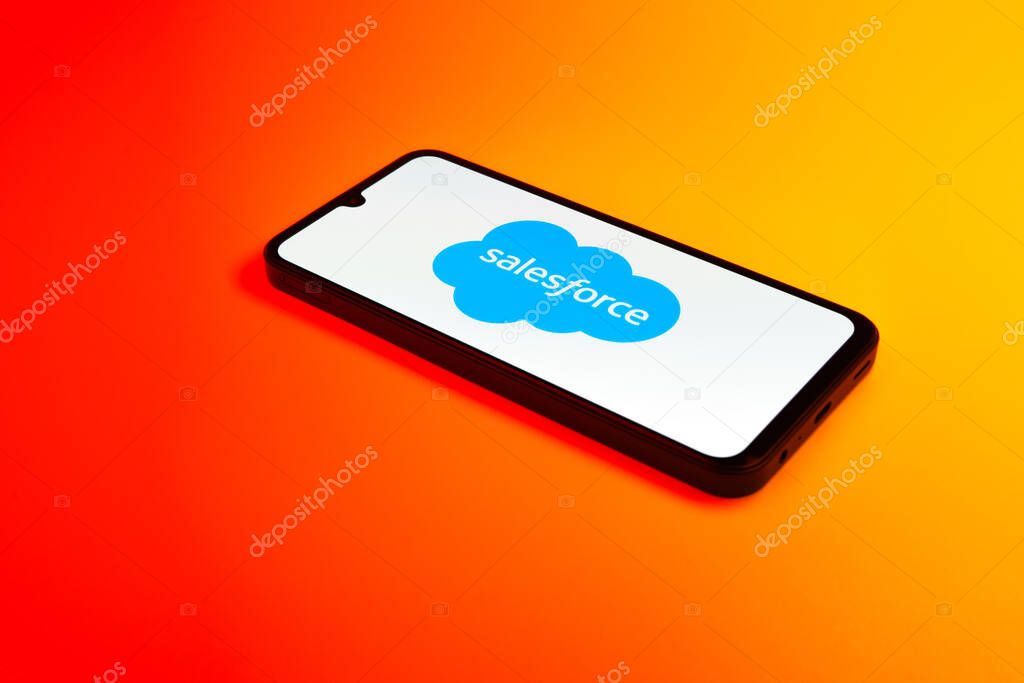 Prague, Czechia - 02 21 2025: Laptop on surface showing Salesforce logo.