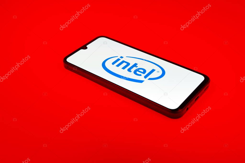 Prague, Czechia - 02 21 2025: Laptop on surface showing Intel logo.