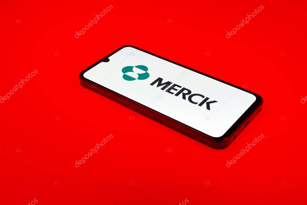 Prague, Czechia - 02 21 2025: Laptop on surface showing Merck logo.