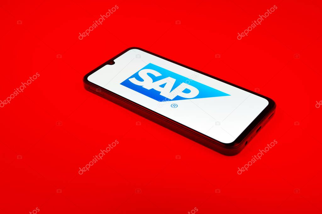 Prague, Czechia - 02 21 2025: Laptop on surface showing SAP logo.