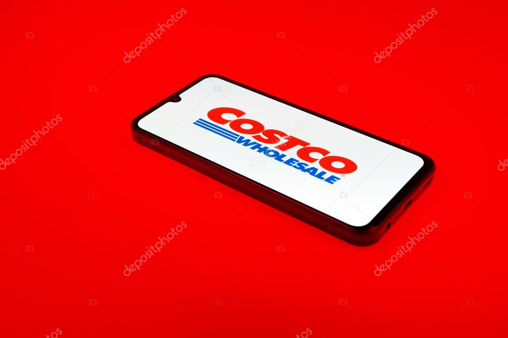 Prague, Czechia - 02 21 2025: Laptop on surface showing Costco logo.