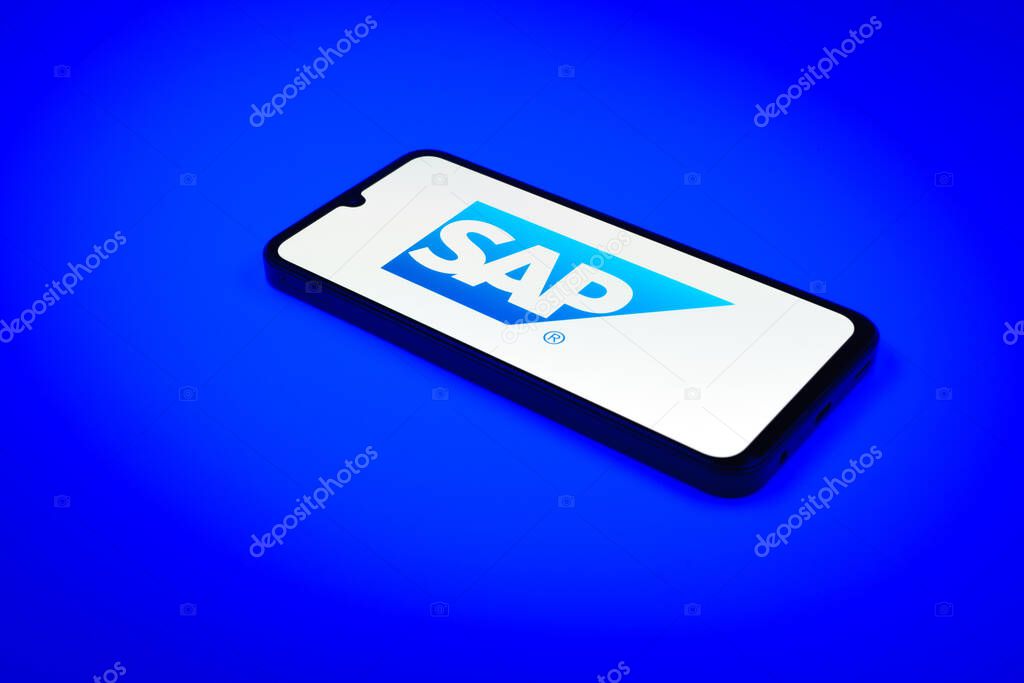 Prague, Czechia - 02 21 2025: Laptop on surface showing SAP logo.