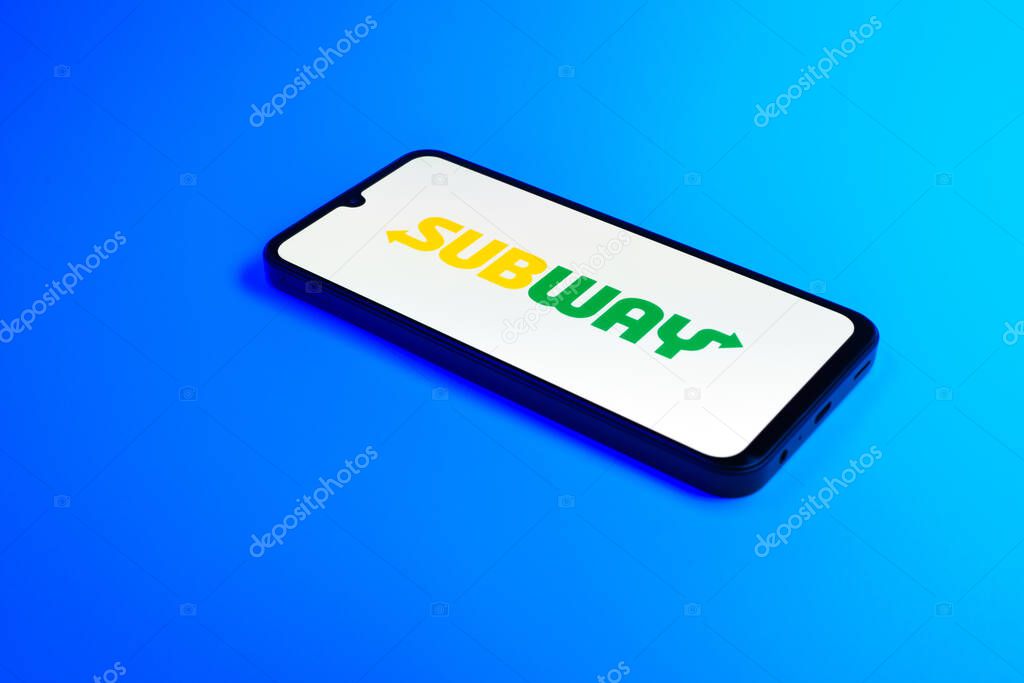 Prague, Czechia - 02 21 2025: Laptop on surface showing Subway logo.