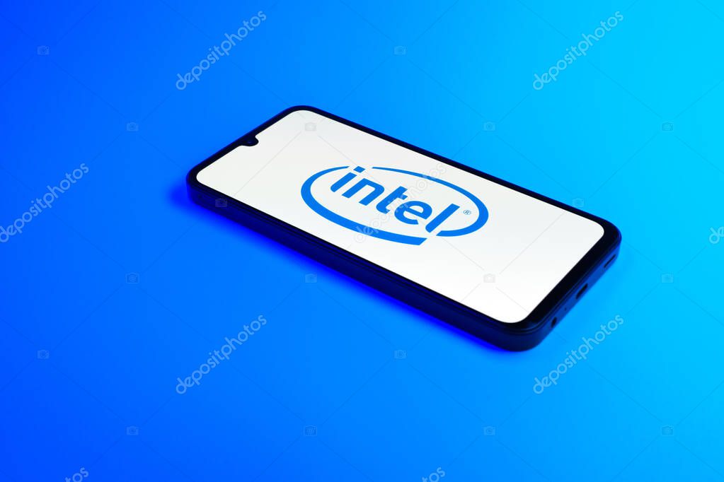 Prague, Czechia - 02 21 2025: Laptop on surface showing Intel logo.
