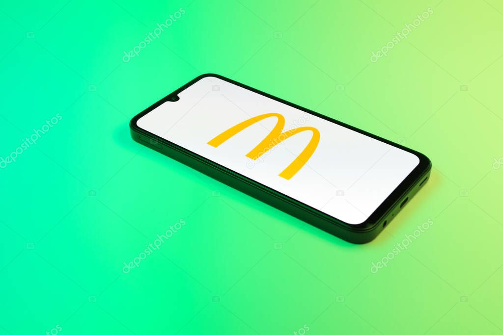 Prague, Czechia - 02 21 2025: Laptop on surface showing McDonalds logo.
