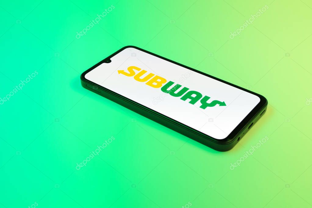 Prague, Czechia - 02 21 2025: Laptop on surface showing Subway logo.