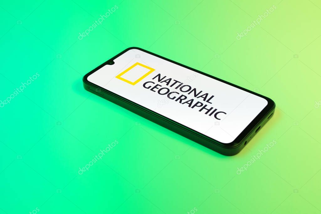 Prague, Czechia - 02 21 2025: Laptop on surface showing National Geographic logo.