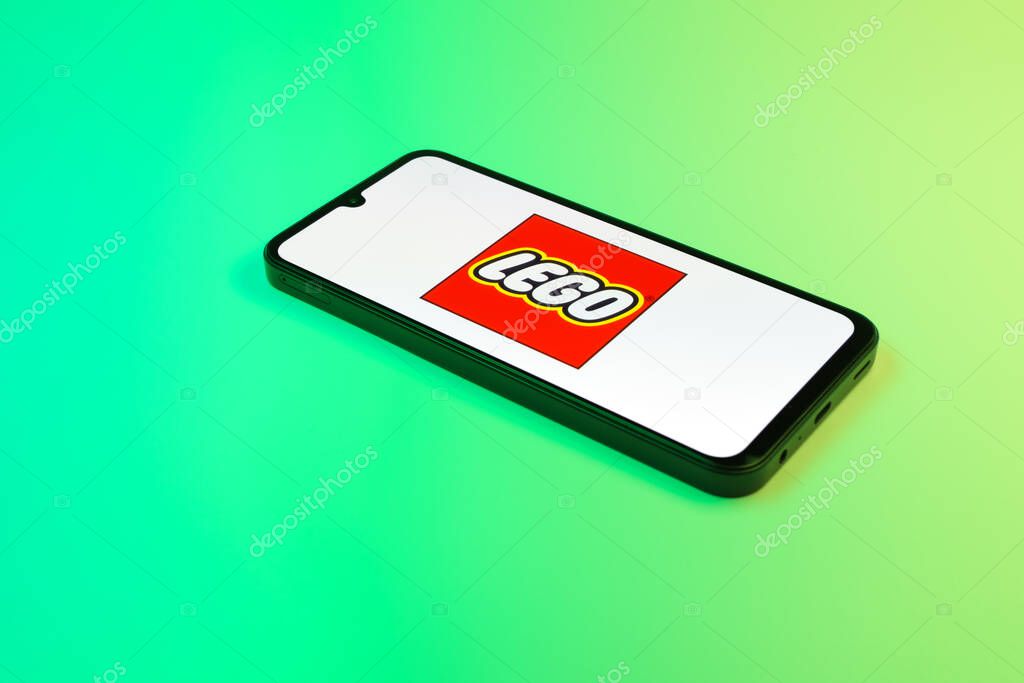 Prague, Czechia - 02 21 2025: Laptop on surface showing Lego logo.