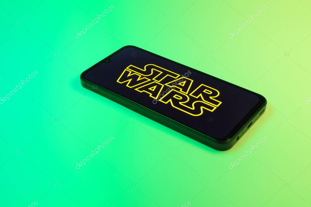 Prague, Czechia - 02 21 2025: Laptop on surface showing Star Wars logo.