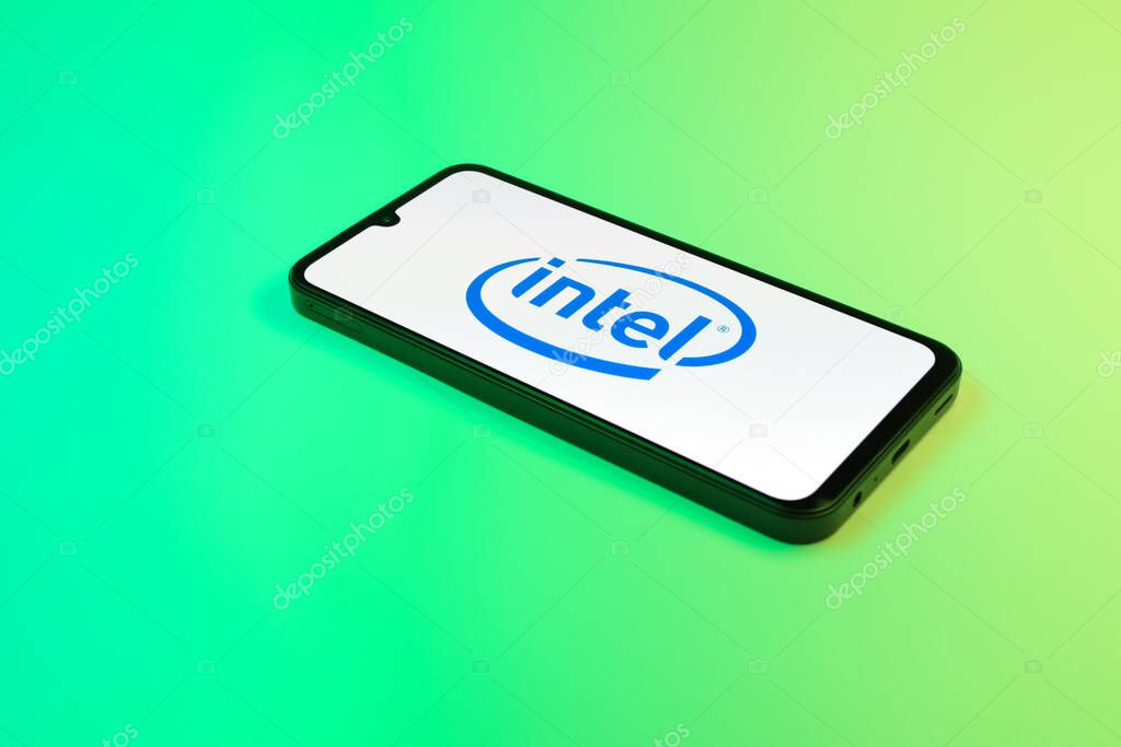 Prague, Czechia - 02 21 2025: Laptop on surface showing Intel logo.