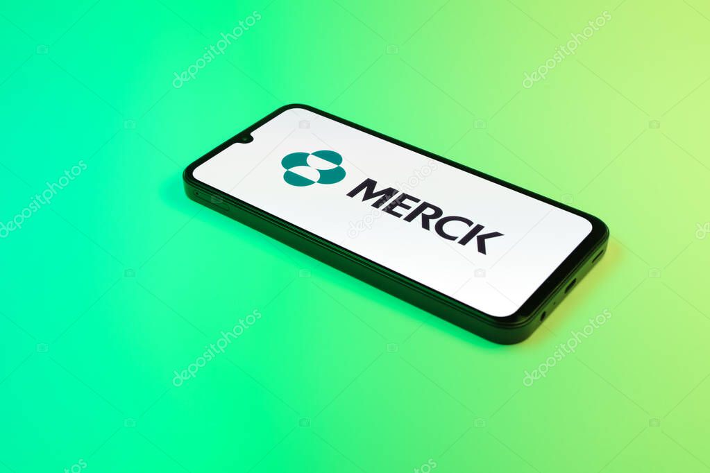 Prague, Czechia - 02 21 2025: Laptop on surface showing Merck logo.