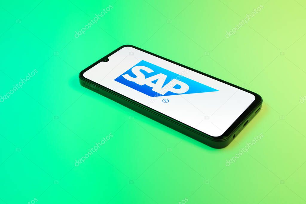Prague, Czechia - 02 21 2025: Laptop on surface showing SAP logo.