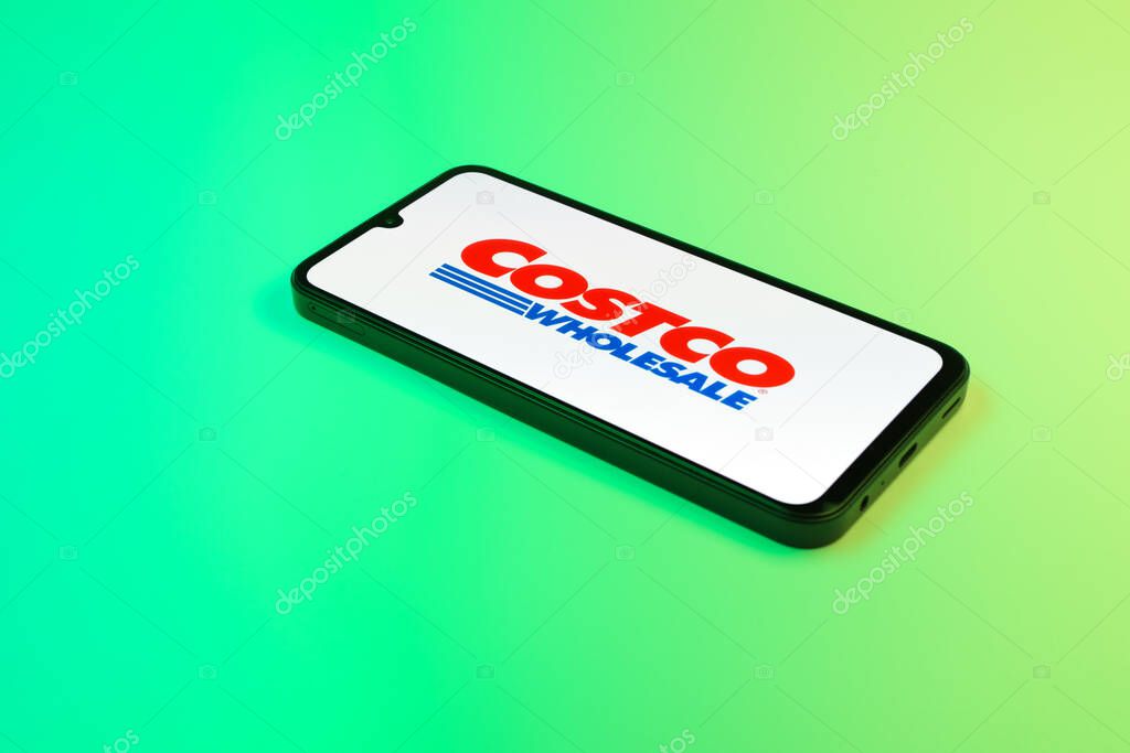 Prague, Czechia - 02 21 2025: Laptop on surface showing Costco logo.