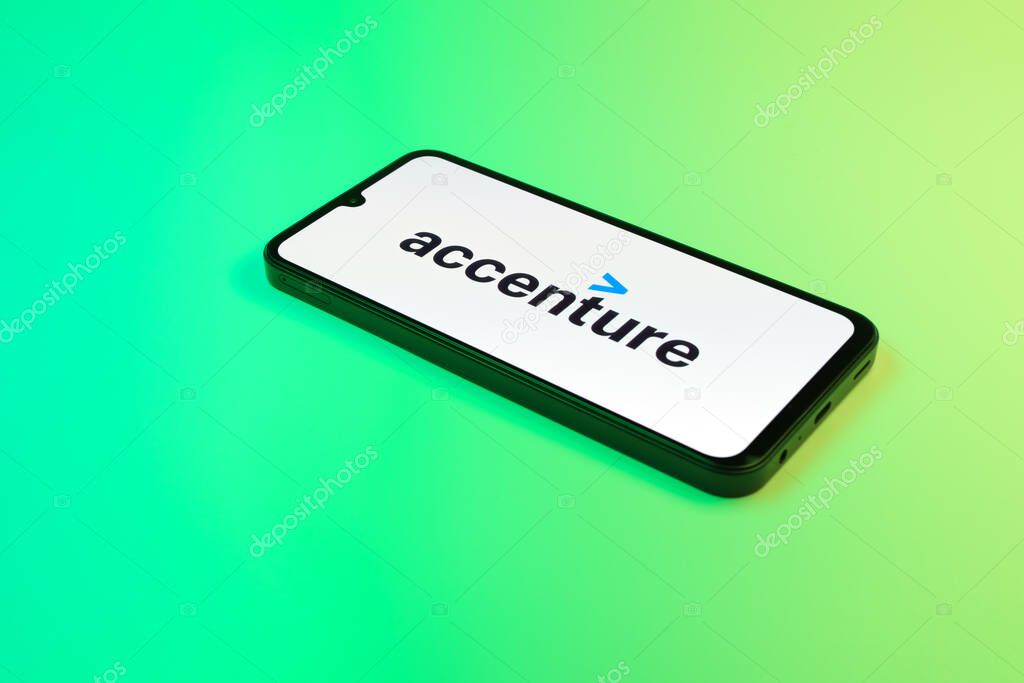 Prague, Czechia - 02 21 2025: Laptop on surface showing Accenture logo.