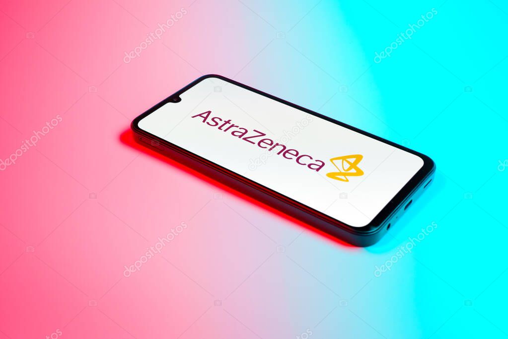 Prague, Czechia - 02 21 2025: Laptop on surface showing AstraZeneca logo.