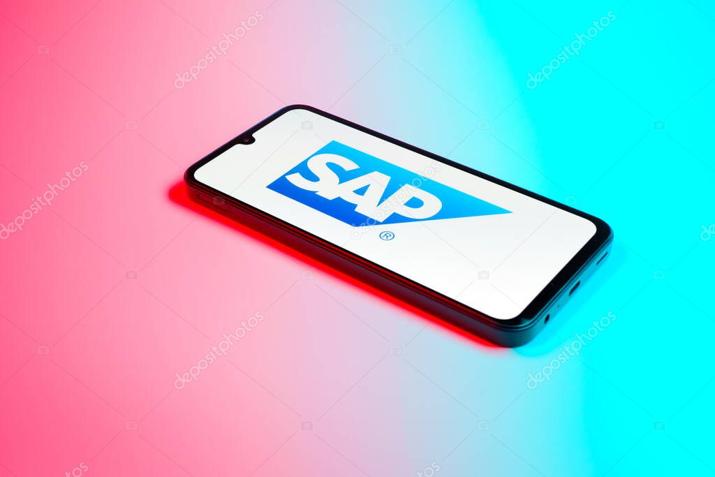 Prague, Czechia - 02 21 2025: Laptop on surface showing SAP logo.