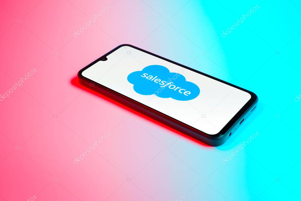 Prague, Czechia - 02 21 2025: Laptop on surface showing Salesforce logo.