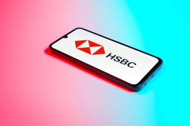 Prag, Çek Cumhuriyeti - 02 21 2025: HSBC logosunu gösteren dizüstü bilgisayar.