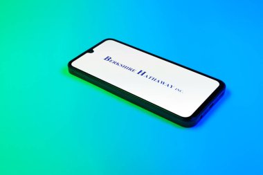 Prag, Çek Cumhuriyeti - 02 21 2025: Berkshire Hathaway logosunu gösteren dizüstü bilgisayar.