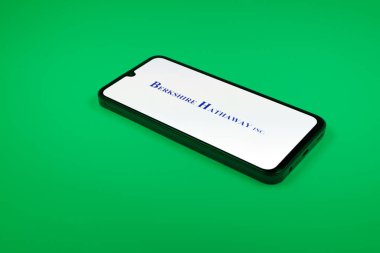 Prag, Çek Cumhuriyeti - 02 21 2025: Berkshire Hathaway logosunu gösteren dizüstü bilgisayar.