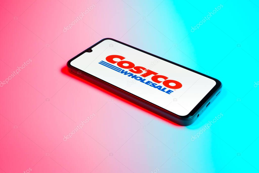 Prague, Czechia - 02 21 2025: Laptop on surface showing Costco logo.