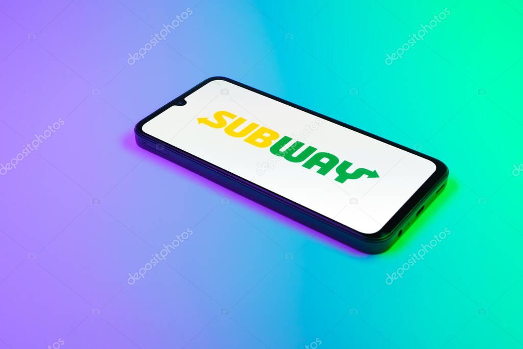 Prague, Czechia - 02 21 2025: Laptop on surface showing Subway logo.