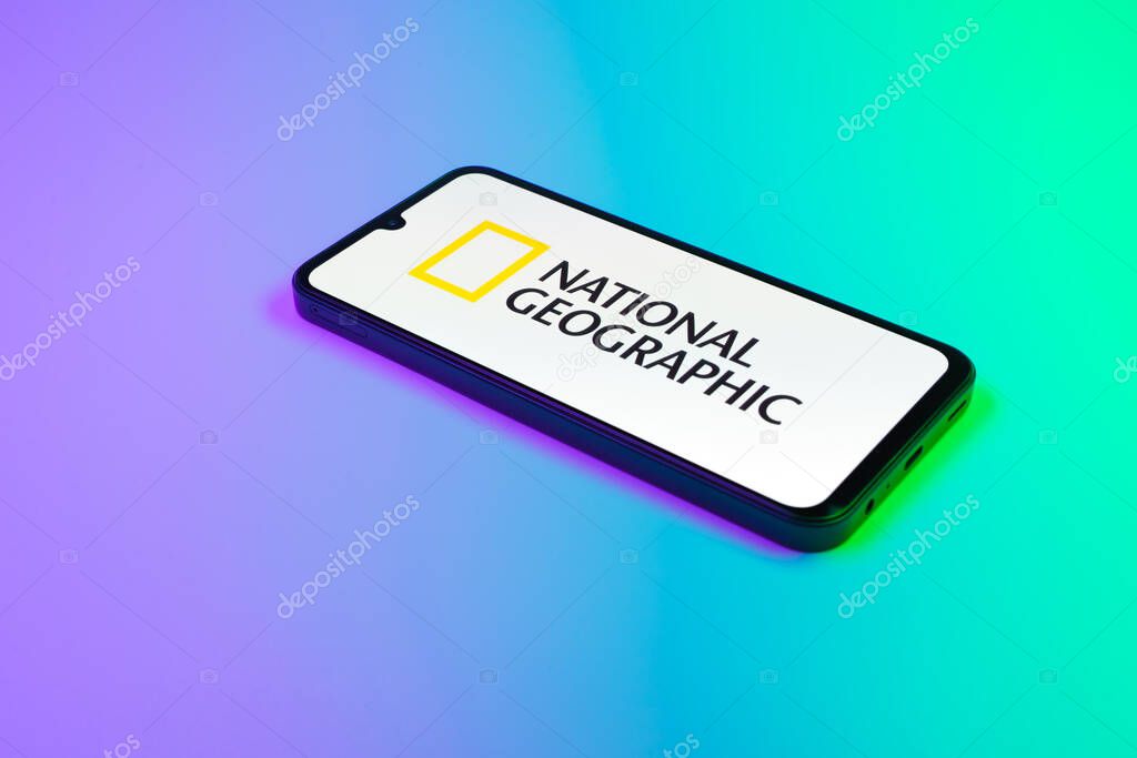 Prague, Czechia - 02 21 2025: Laptop on surface showing National Geographic logo.