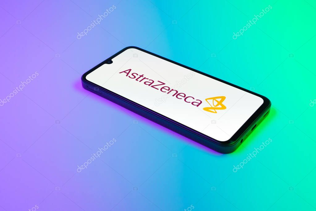 Prague, Czechia - 02 21 2025: Laptop on surface showing AstraZeneca logo.