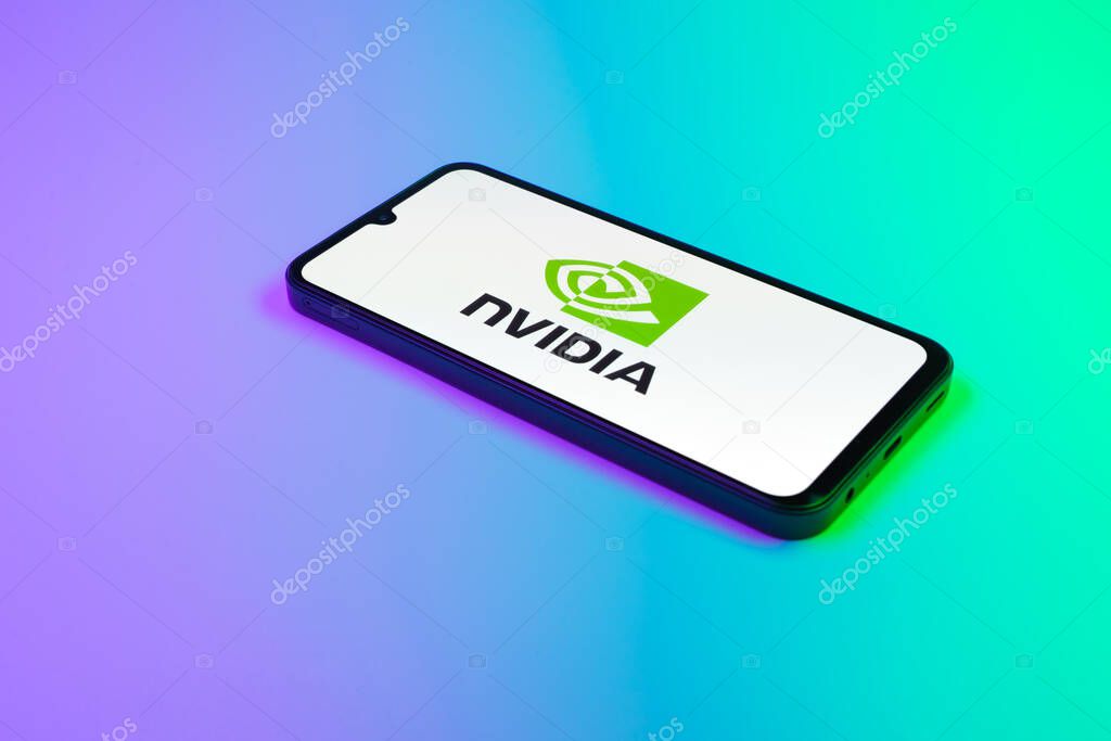 Prague, Czechia - 02 21 2025: Laptop on surface showing NVIDIA logo.