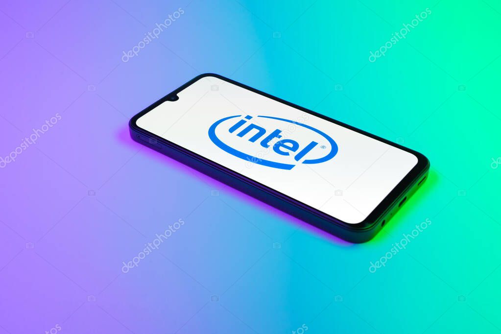 Prague, Czechia - 02 21 2025: Laptop on surface showing Intel logo.