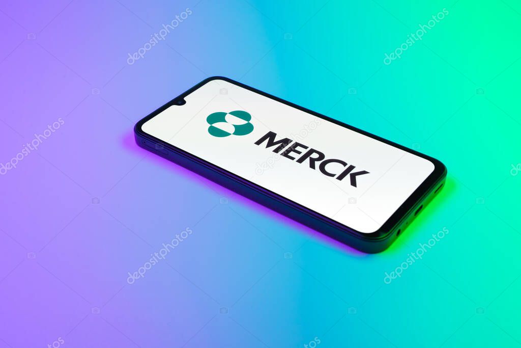 Prague, Czechia - 02 21 2025: Laptop on surface showing Merck logo.