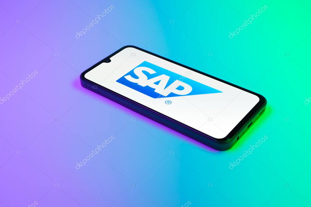 Prague, Czechia - 02 21 2025: Laptop on surface showing SAP logo.