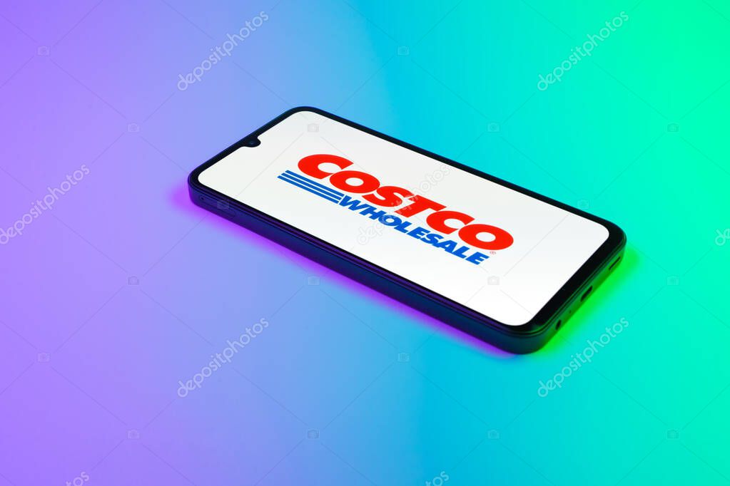 Prague, Czechia - 02 21 2025: Laptop on surface showing Costco logo.