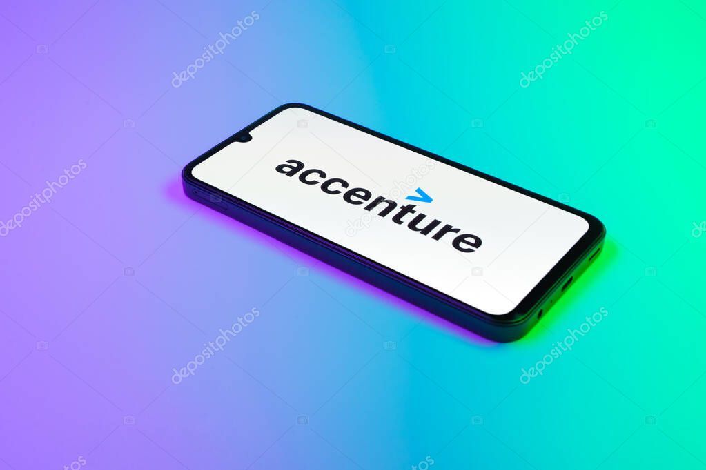 Prague, Czechia - 02 21 2025: Laptop on surface showing Accenture logo.