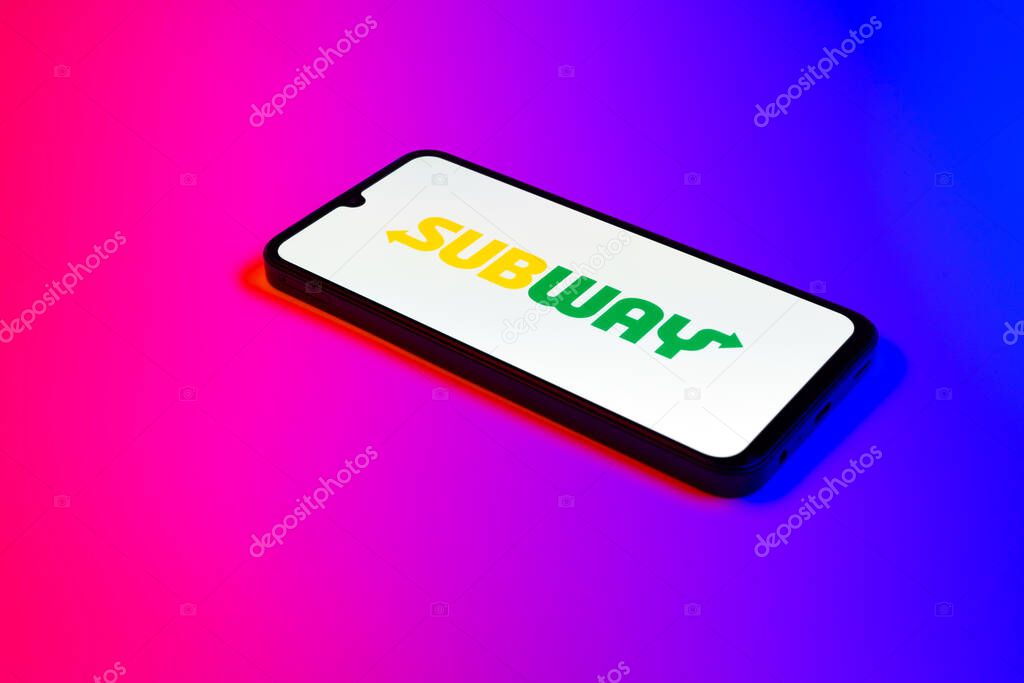 Prague, Czechia - 02 21 2025: Laptop on surface showing Subway logo.