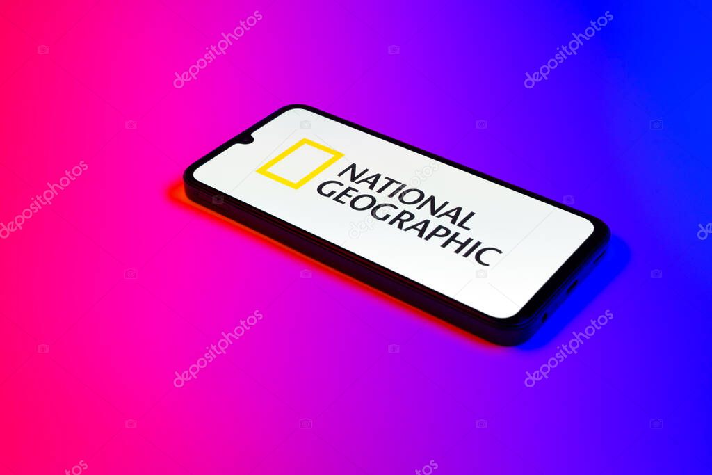 Prague, Czechia - 02 21 2025: Laptop on surface showing National Geographic logo.