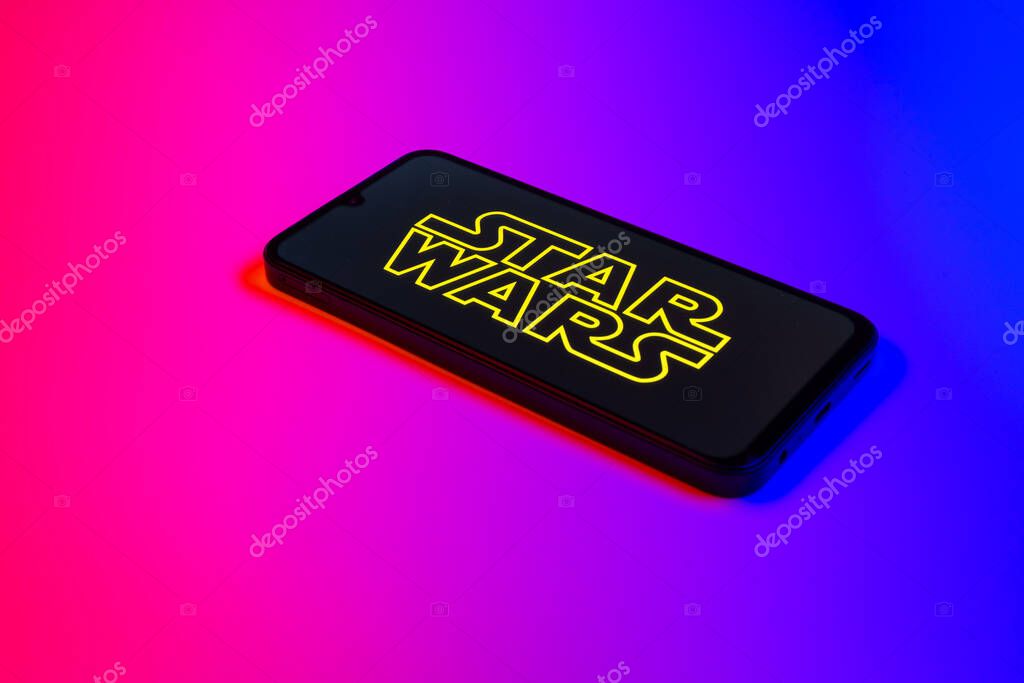 Prague, Czechia - 02 21 2025: Laptop on surface showing Star Wars logo.