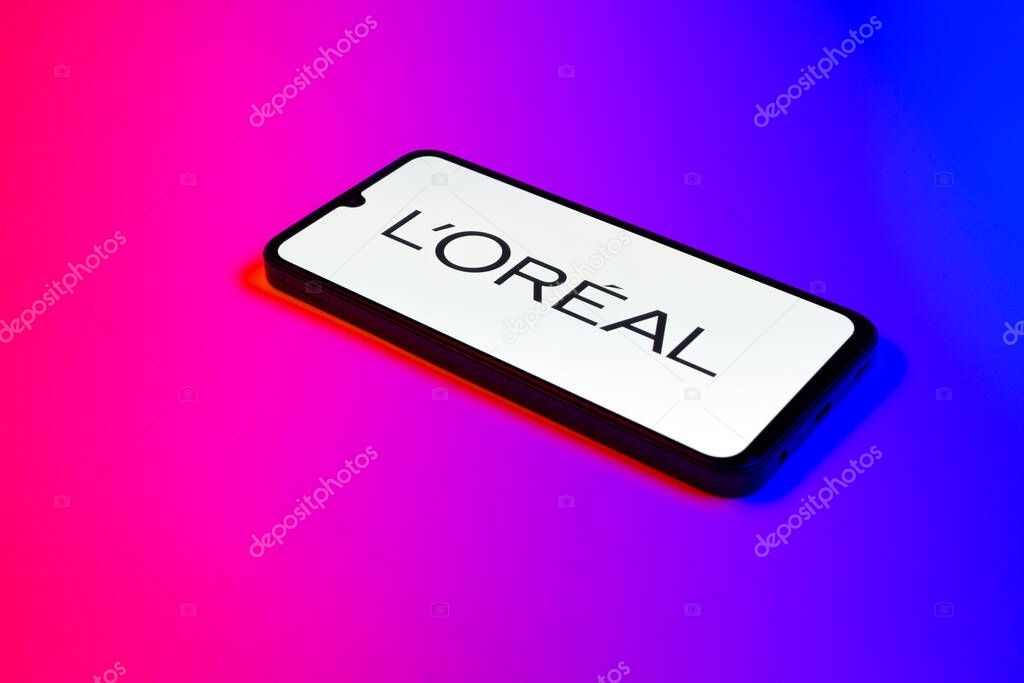Prague, Czechia - 02 21 2025: Laptop on surface showing L'Oreal logo.