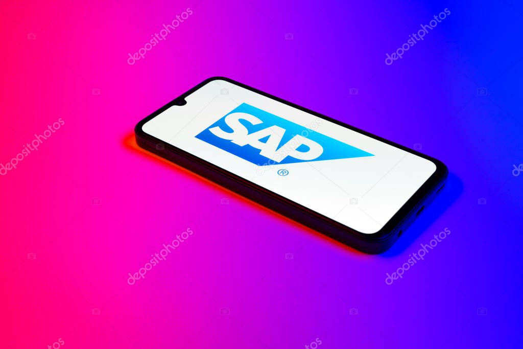 Prague, Czechia - 02 21 2025: Laptop on surface showing SAP logo.