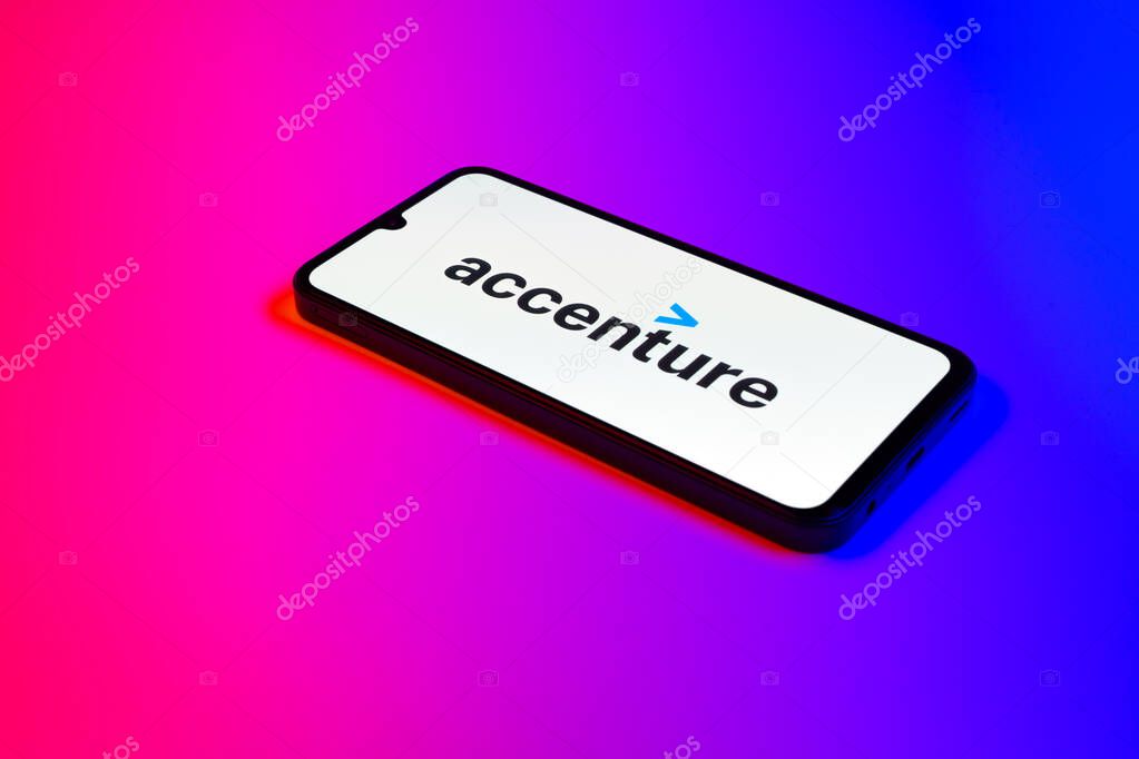 Prague, Czechia - 02 21 2025: Laptop on surface showing Accenture logo.