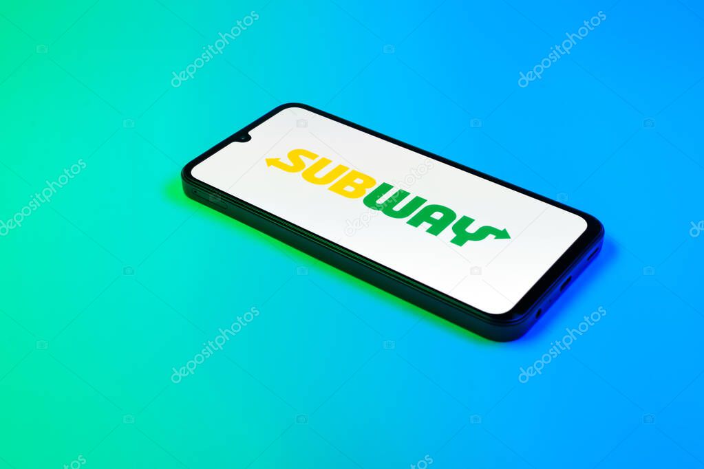 Prague, Czechia - 02 21 2025: Laptop on surface showing Subway logo.