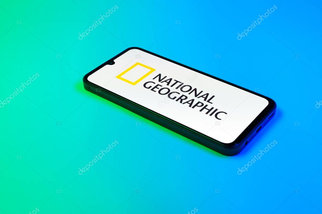 Prague, Czechia - 02 21 2025: Laptop on surface showing National Geographic logo.