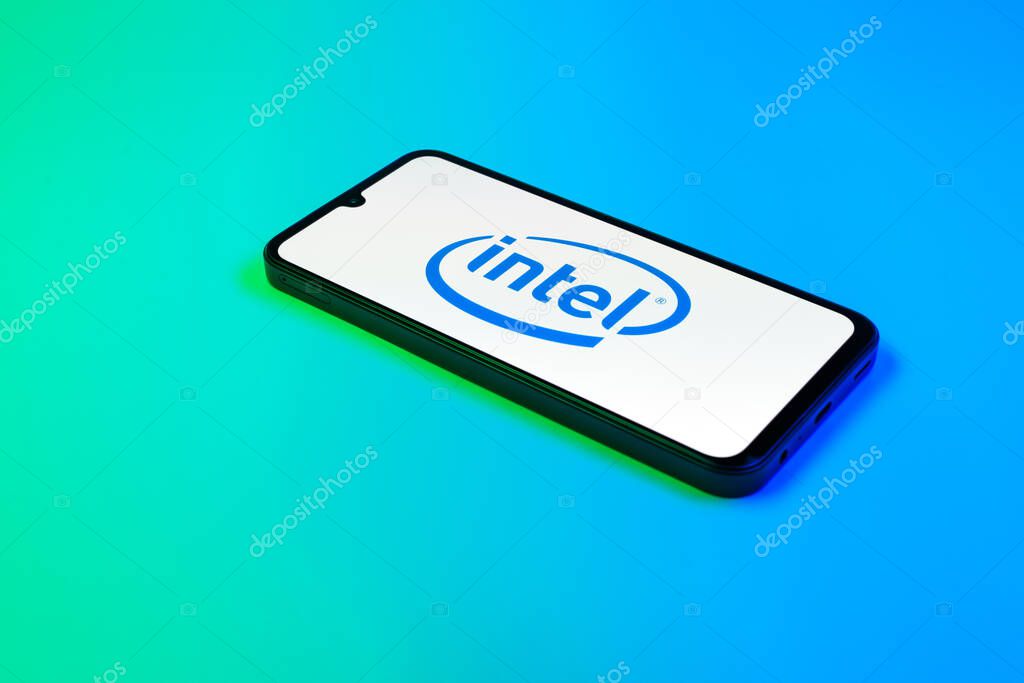 Prague, Czechia - 02 21 2025: Laptop on surface showing Intel logo.