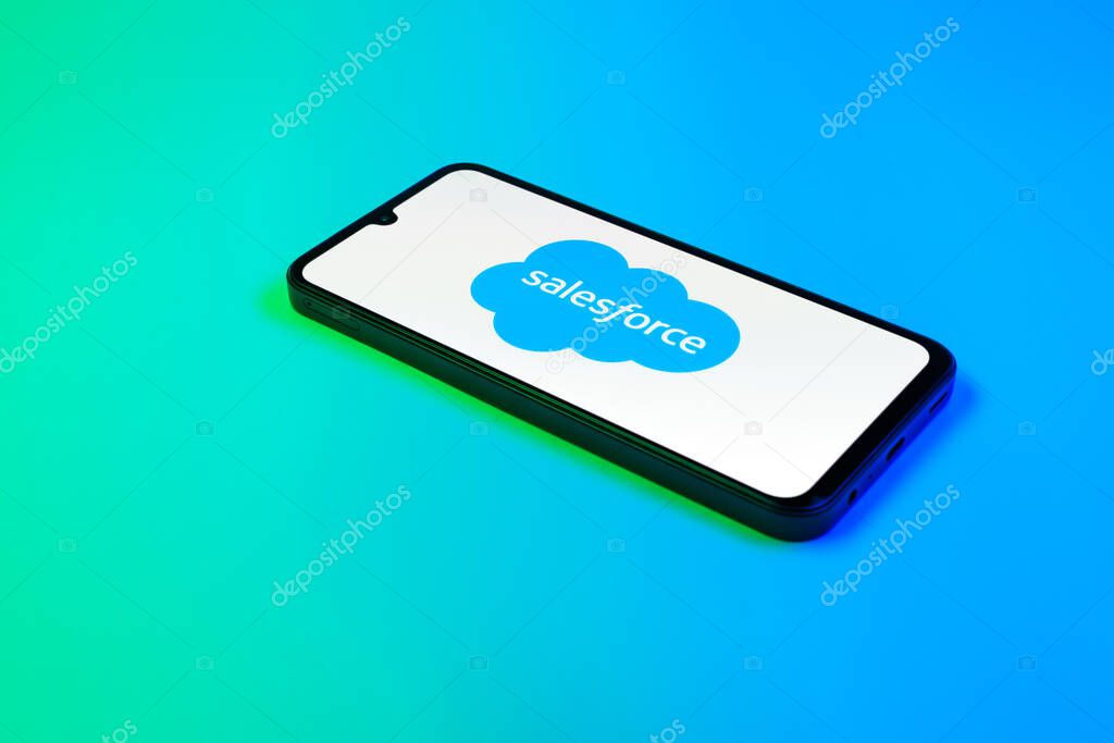 Prague, Czechia - 02 21 2025: Laptop on surface showing Salesforce logo.