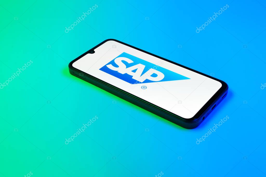 Prague, Czechia - 02 21 2025: Laptop on surface showing SAP logo.