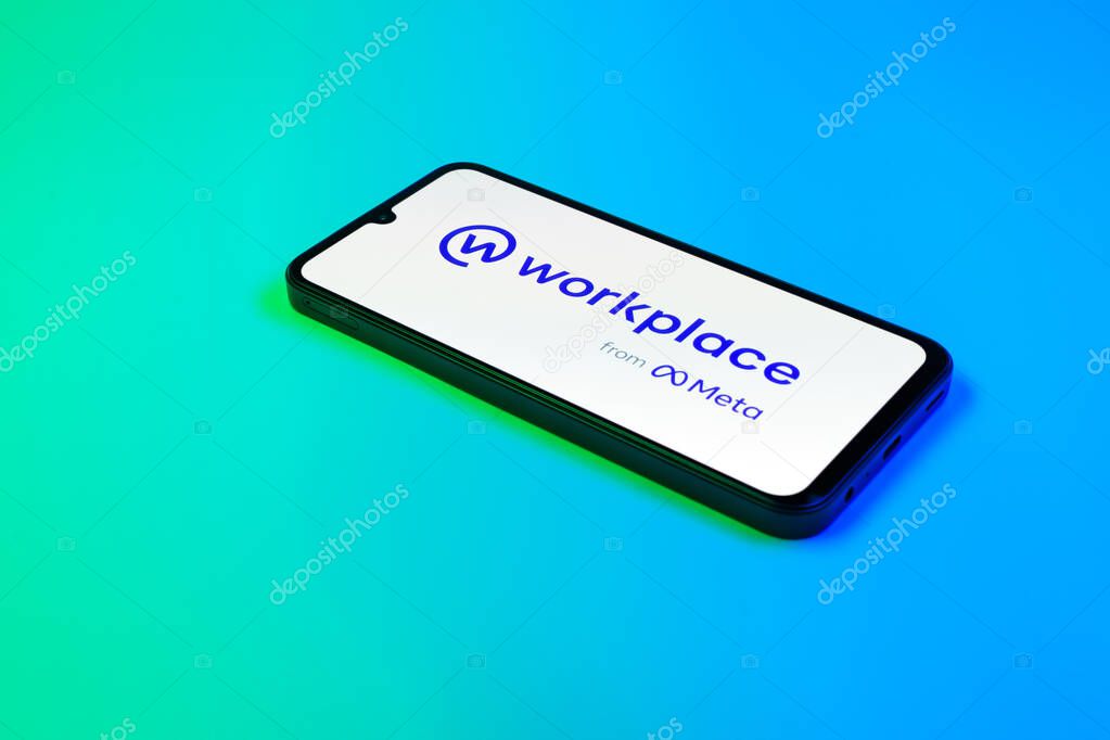 Prague, Czechia - 02 21 2025: Laptop on surface showing Workplace logo.