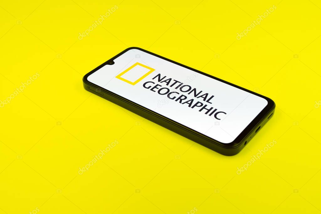 Prague, Czechia - 02 21 2025: Laptop on surface showing National Geographic logo.