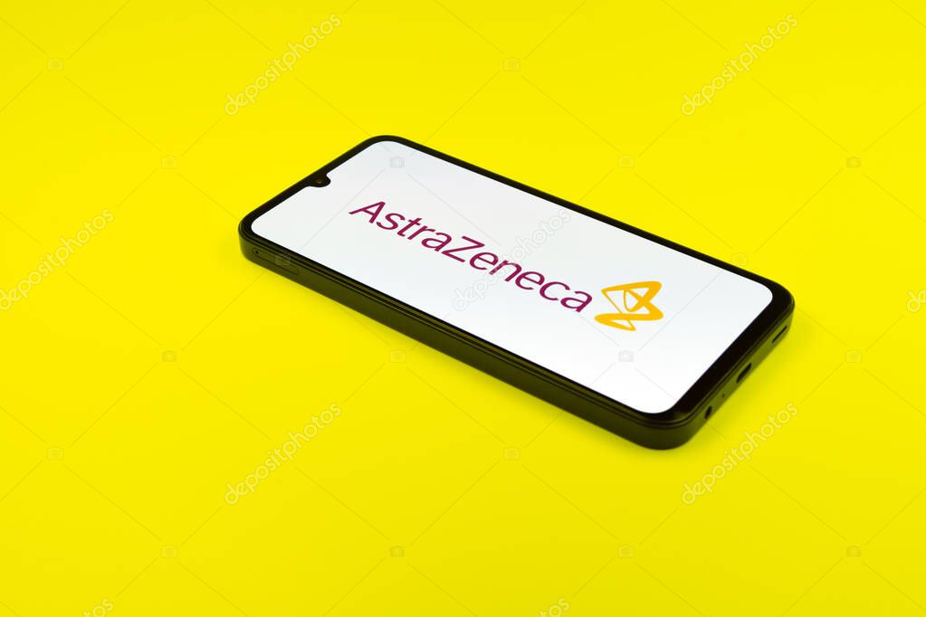 Prague, Czechia - 02 21 2025: Laptop on surface showing AstraZeneca logo.